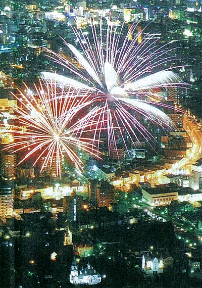 夜景に花を添えた大輪の花火写真